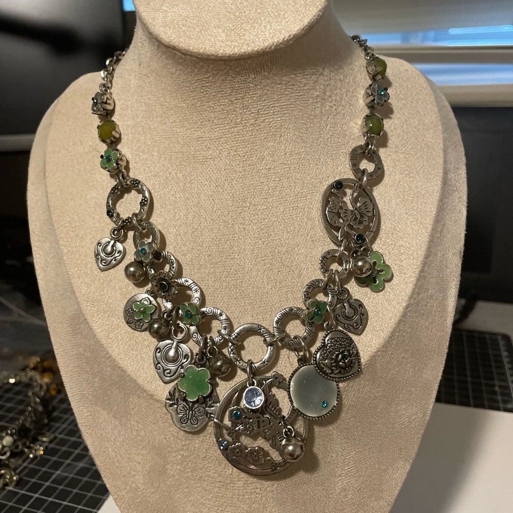 Silver Charm Necklace with Green Accents